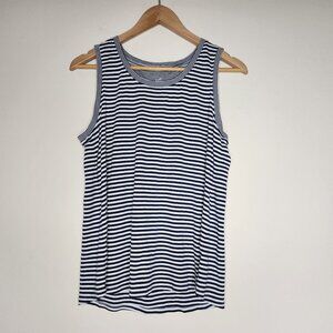 J. Jill Women's  Medium Pima Back Pleat Tank Top Navy Blue White Striped